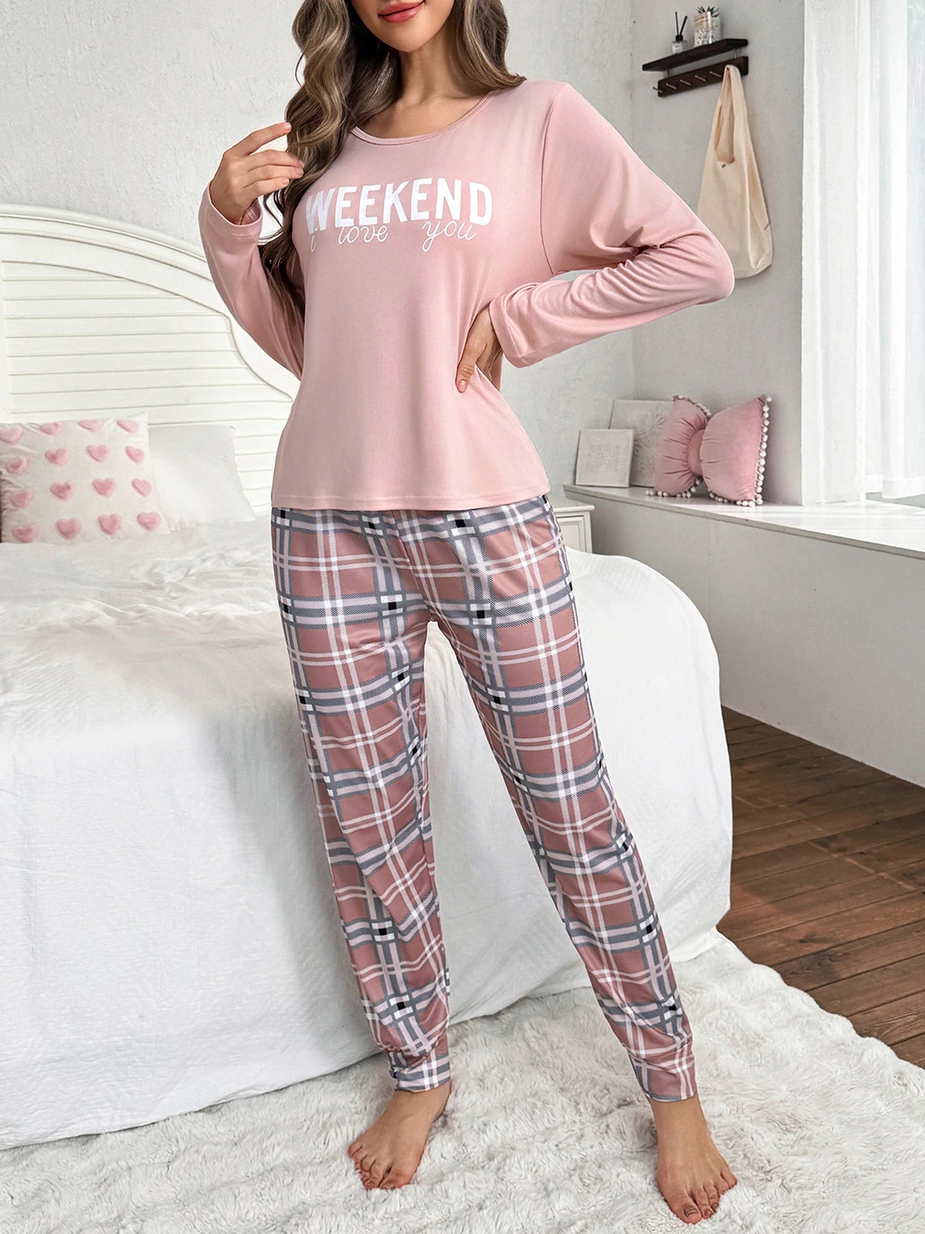 Cartoon Letter Plaid Pajama Set