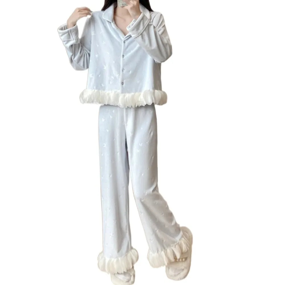 Women's Velvet Bow Long Sleeve Pajama Set