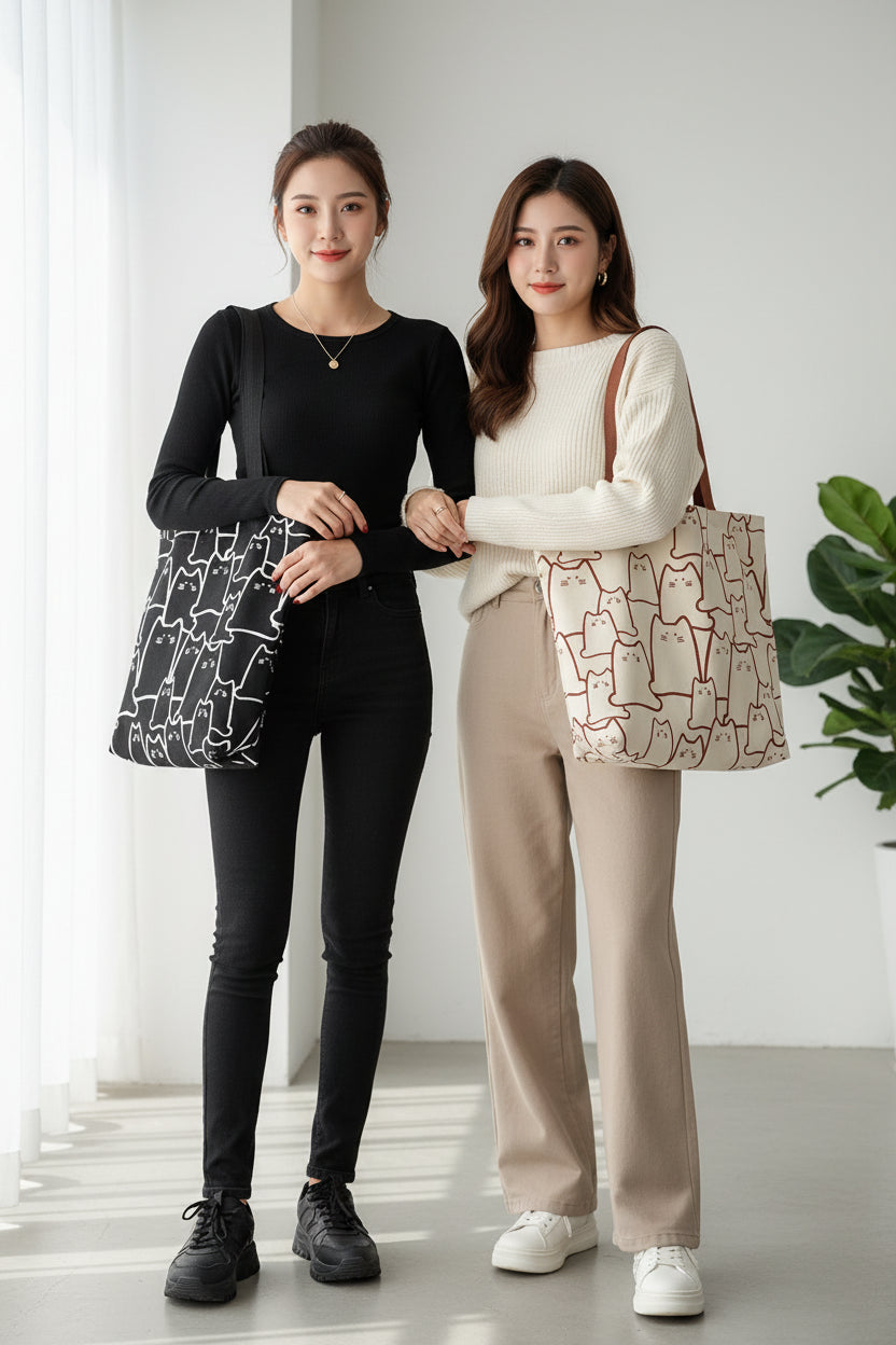 Cute Cat Canvas Tote Bag with Zipper