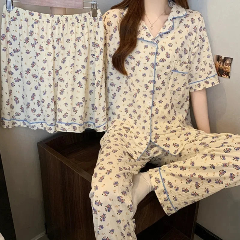 Women's Floral Milk Silk 3-Piece Pajama Set