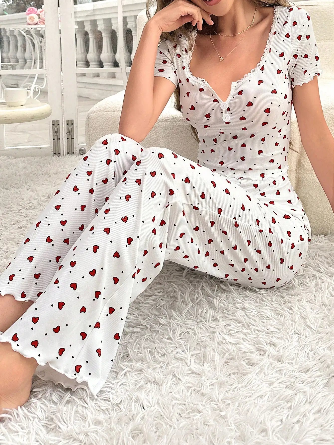 Women's Heart Print Short Sleeve Pajamas