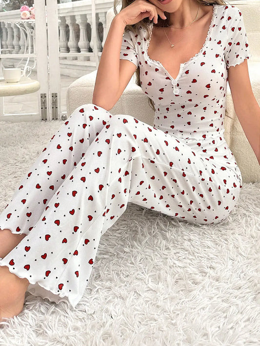 Women's Heart Print Short Sleeve Pajamas