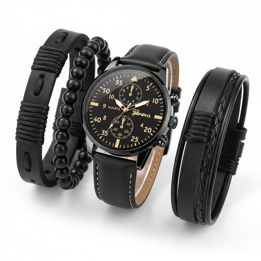 Men's Leather Watch & Woven Bracelet Set (4pcs)