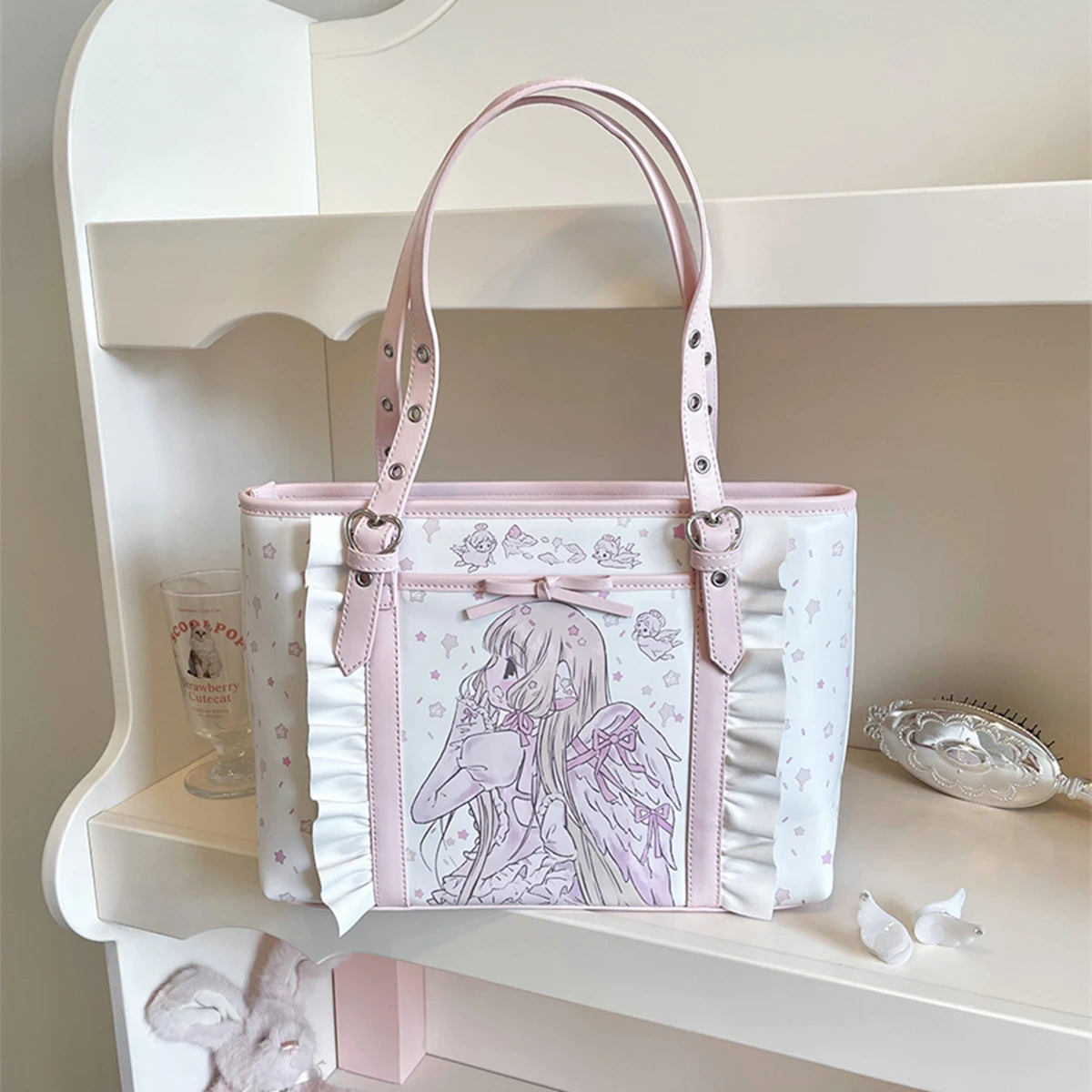 Cute Cartoon Pink PU Leather Tote Bag