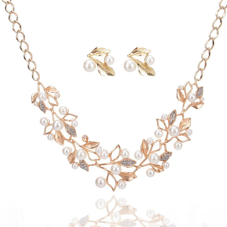 Pearl Diamond Necklace Earrings Set Wedding