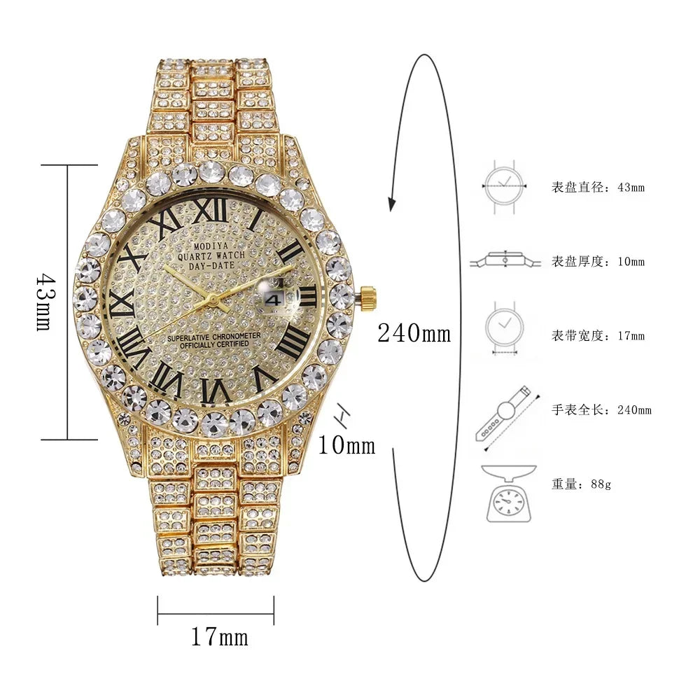 Men's Gold Diamond Rhinestone Quartz Watch