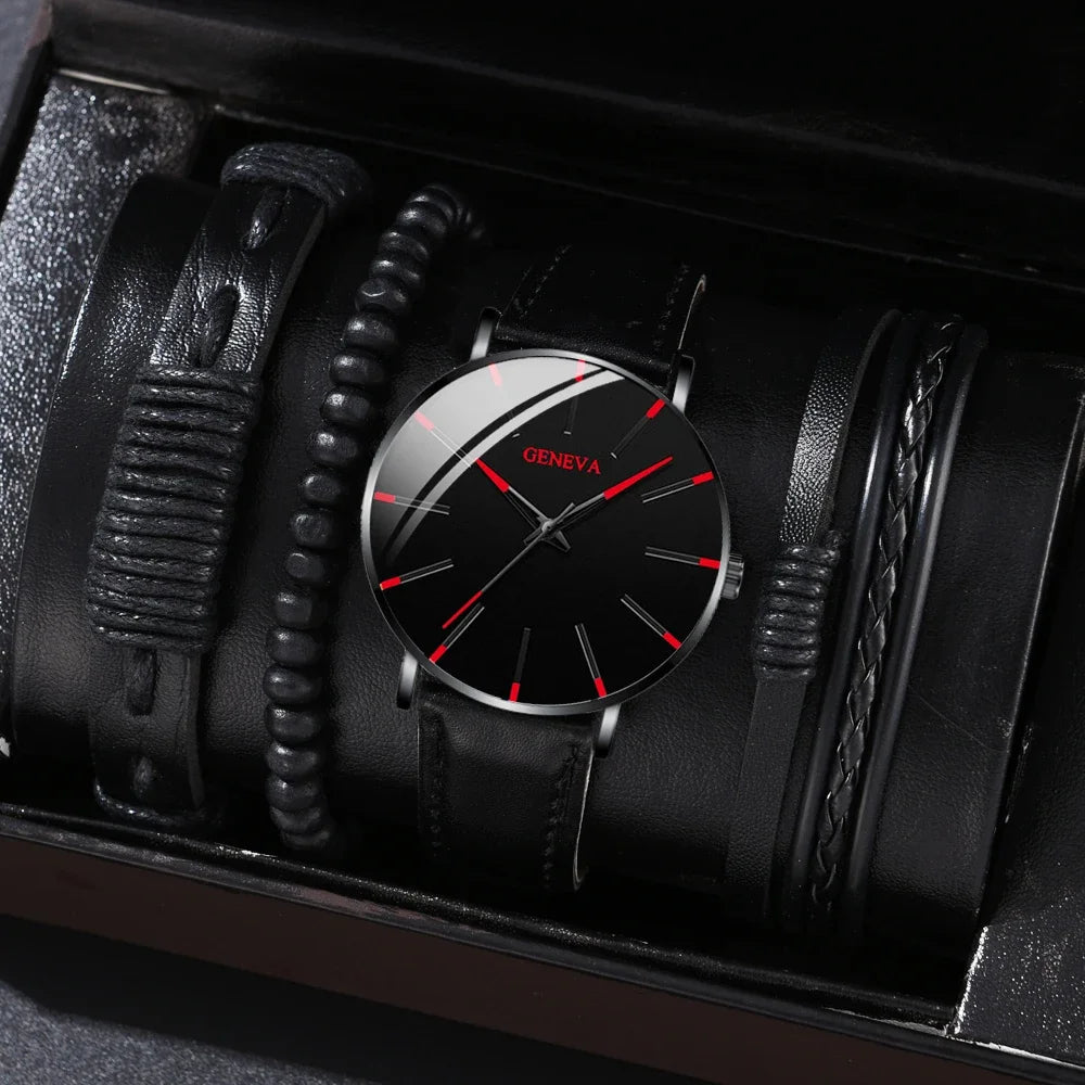Men's Luxury Black Leather Watch & Bracelet Gift Set