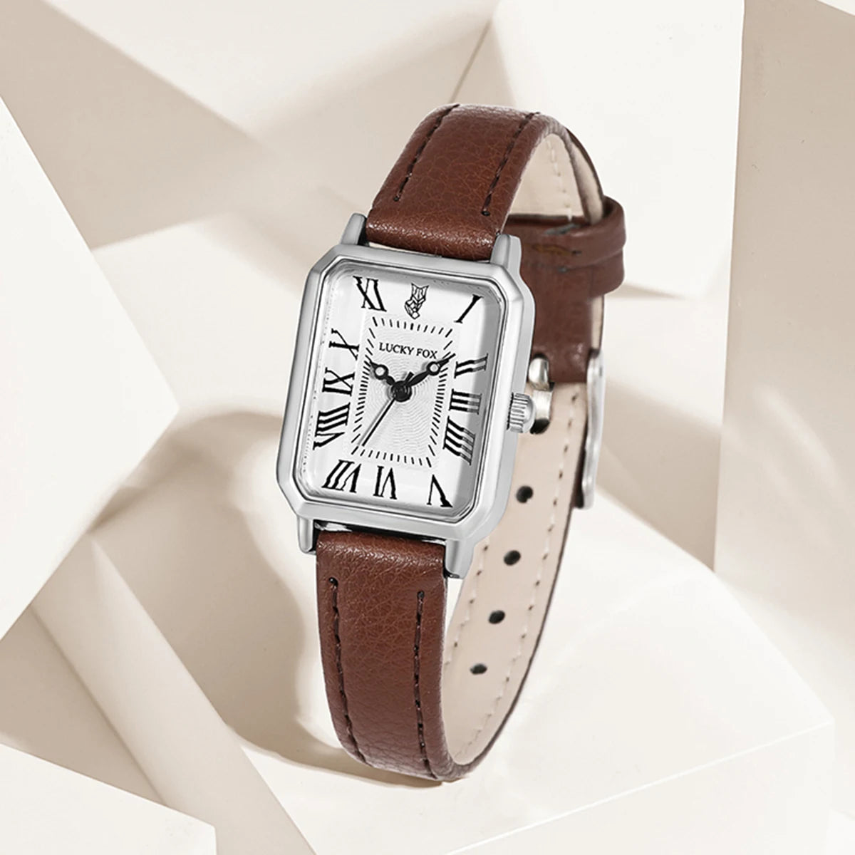 Women's Rectangle Roman Dial Leather Quartz Watch
