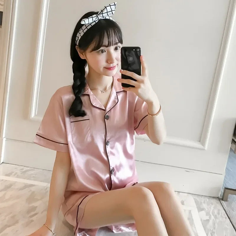 Ice Silk Cardigan Pajama Set