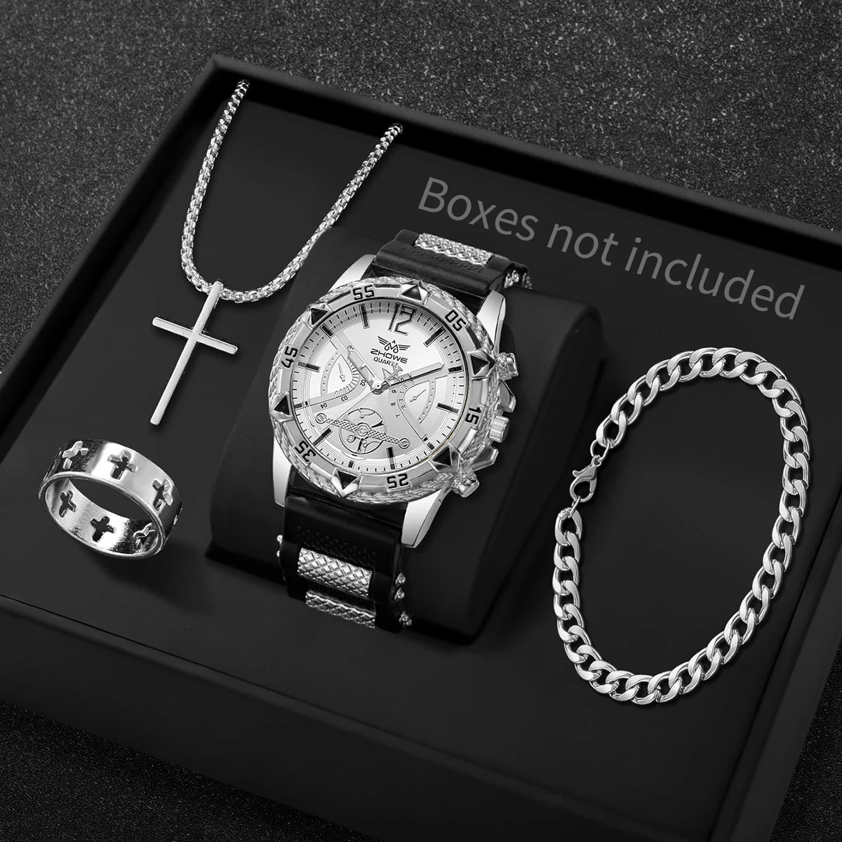 Men's Arabic Dial Quartz Watch Set with Necklace (4pcs)