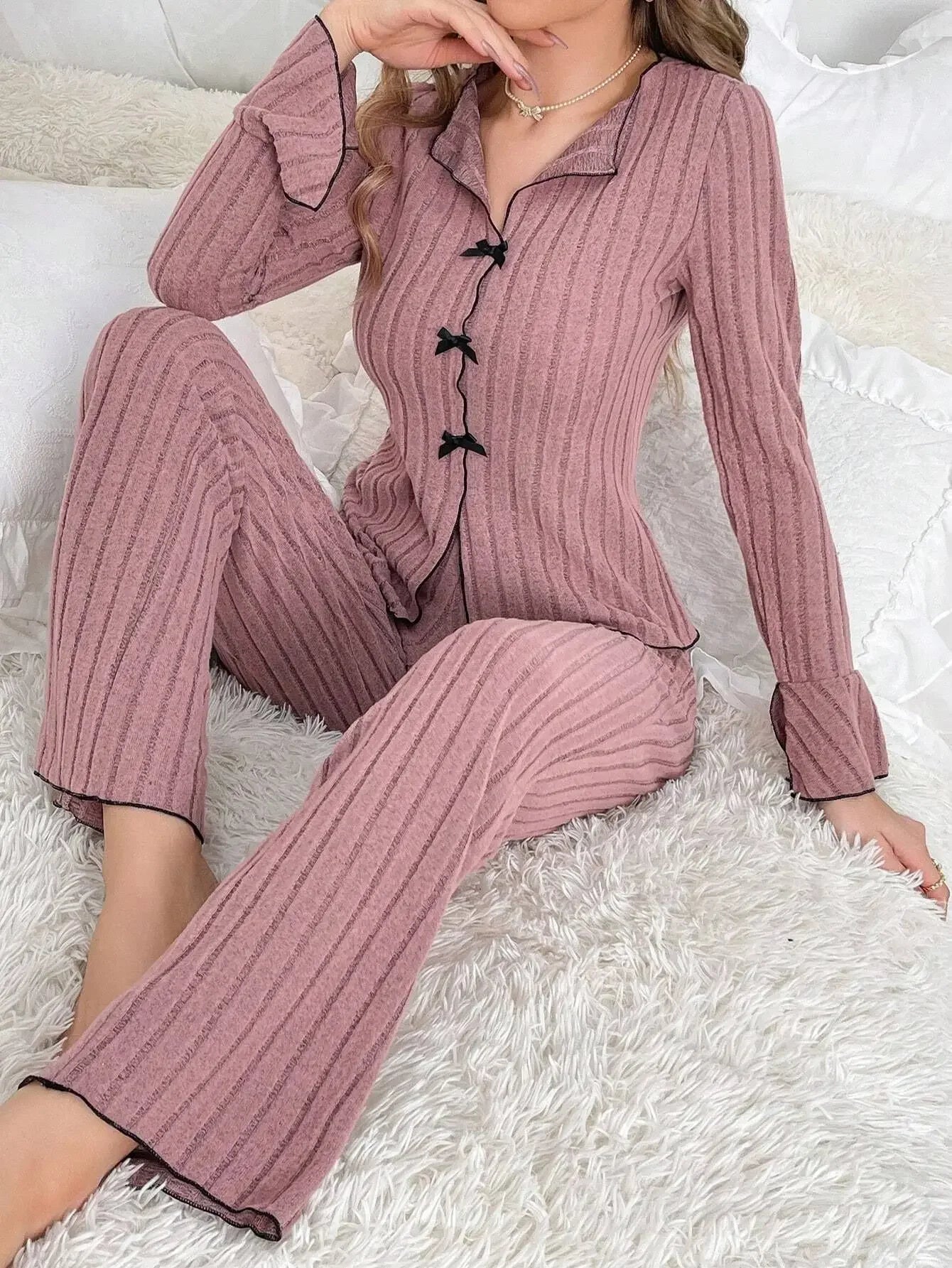 Flannel Bow Women Pajama Set