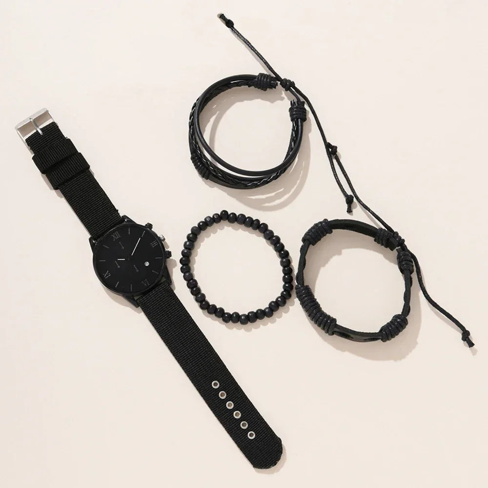 Men's Luxury Black Leather Watch & Bracelet Gift Set