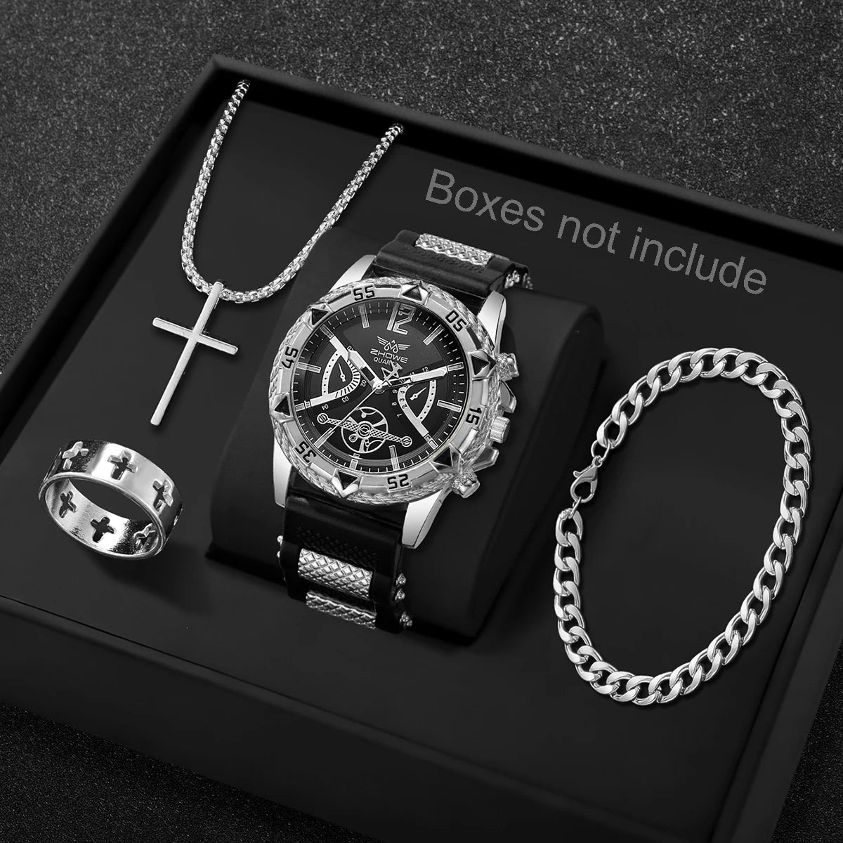 Men's Arabic Dial Quartz Watch Set with Necklace (4pcs)