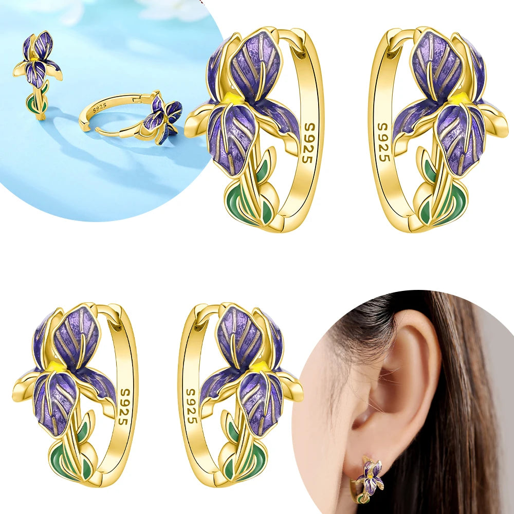 Women's S925 Silver Iris Flower Hoop Earrings