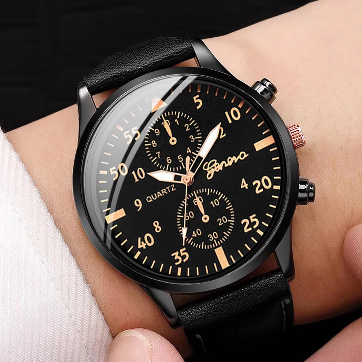 Men's Leather Watch & Woven Bracelet Set (4pcs)