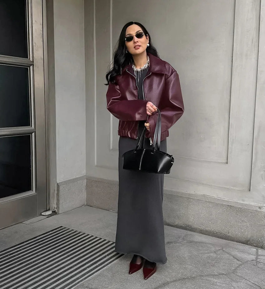 Wine Red Faux Leather Jacket