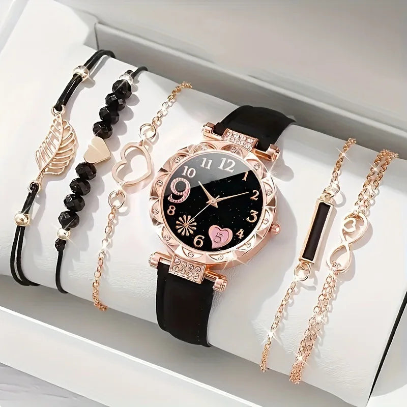 Women's Leather Quartz Watch & Bracelet Set (6pcs)