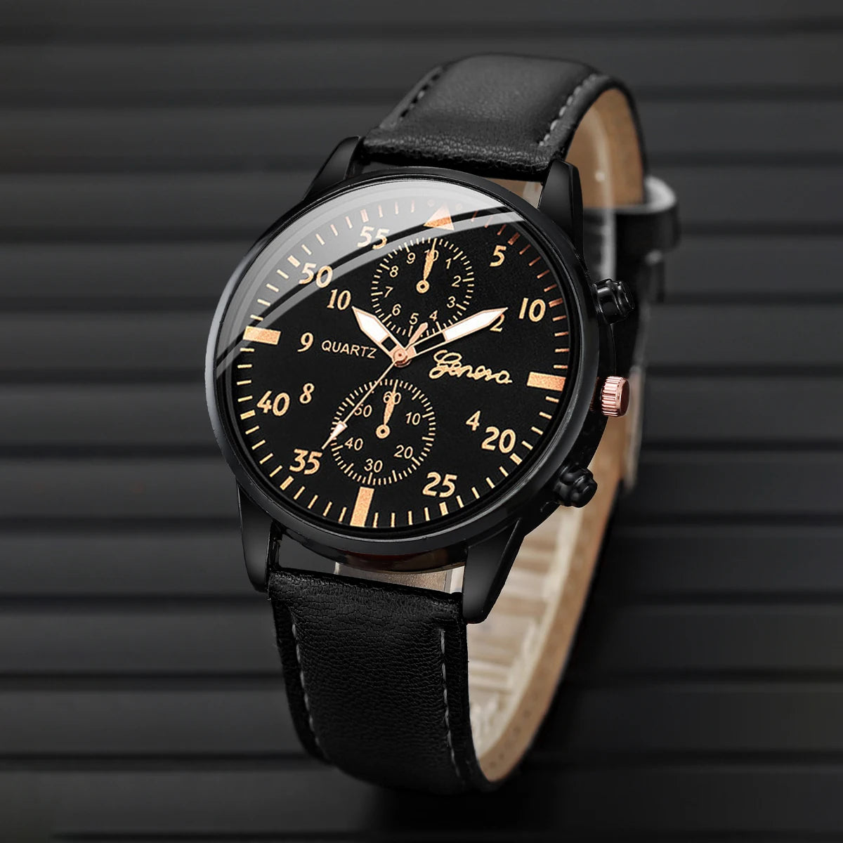 Men's Leather Watch & Woven Bracelet Set (4pcs)