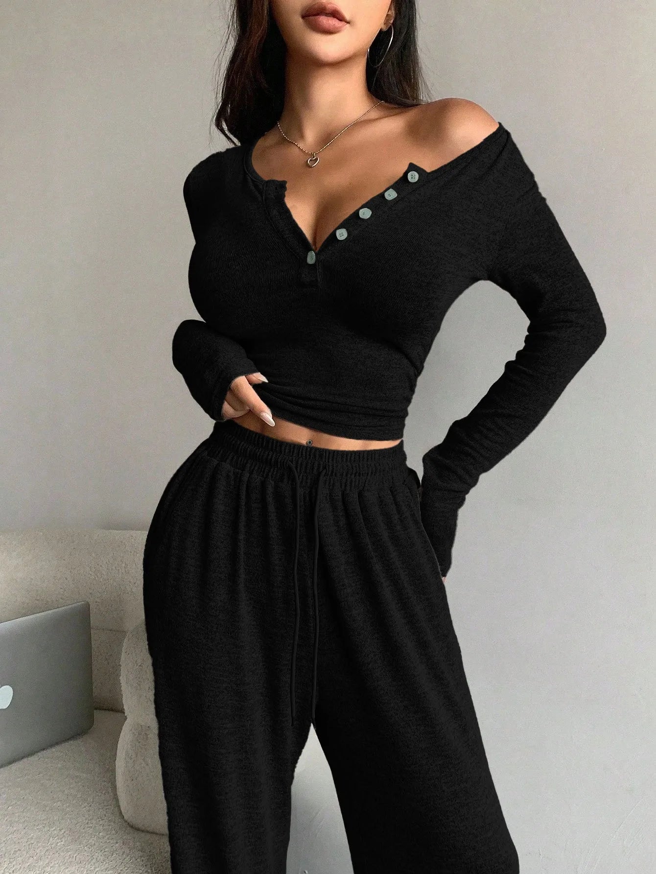 Women's V-Neck Button Drawstring Pajama Set