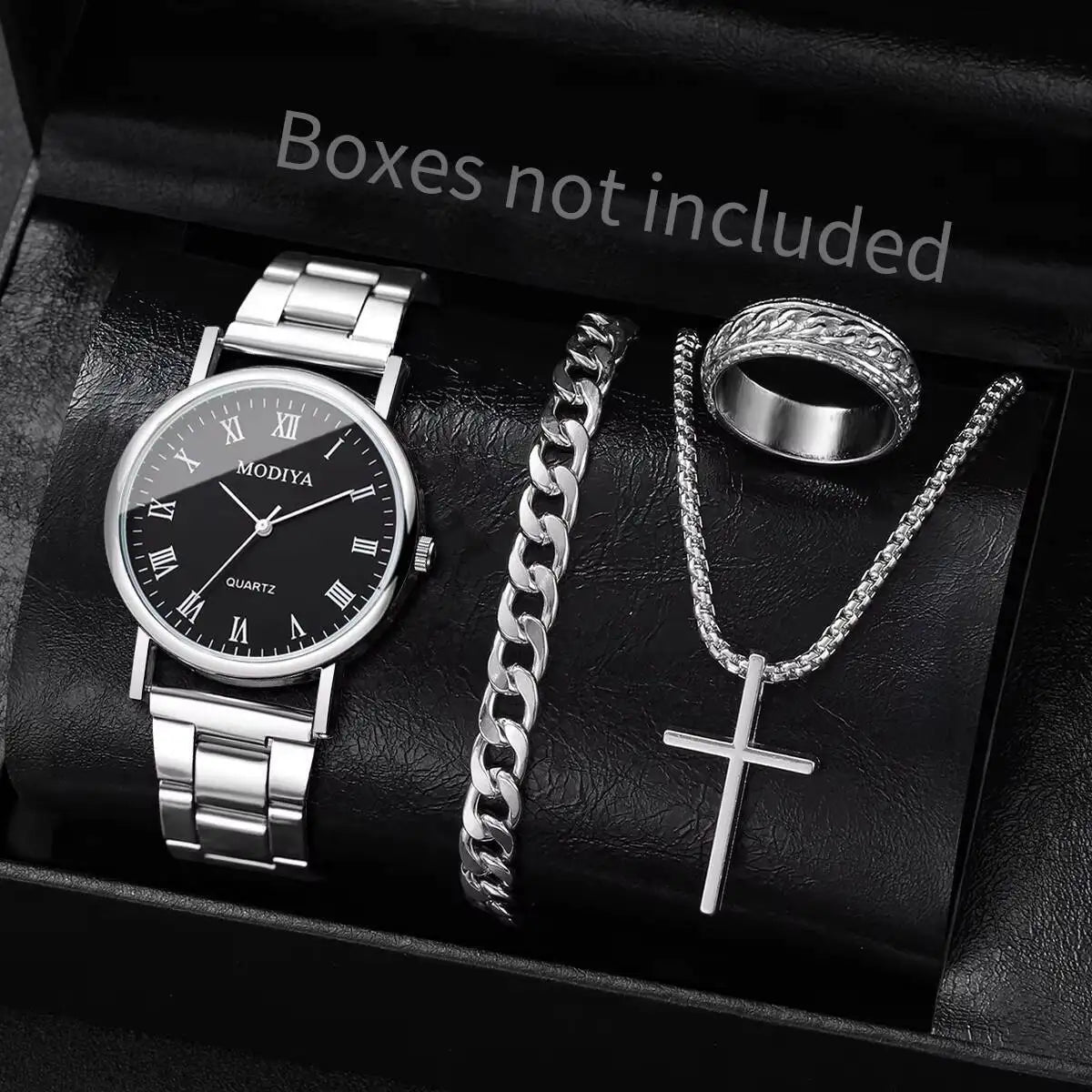 Men's Roman Dial Watch & Jewelry Set (4pcs)