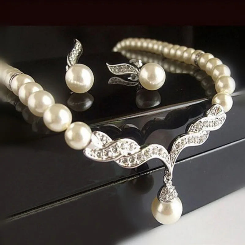 Gold Pearl Necklace Earring Set