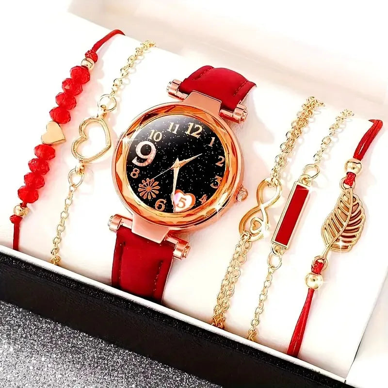 Women's Leather Quartz Watch & Bracelet Set (6pcs)