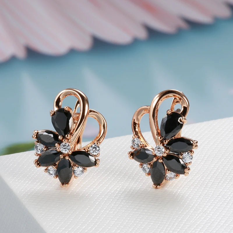 Black Zircon Flower Dangle Earrings