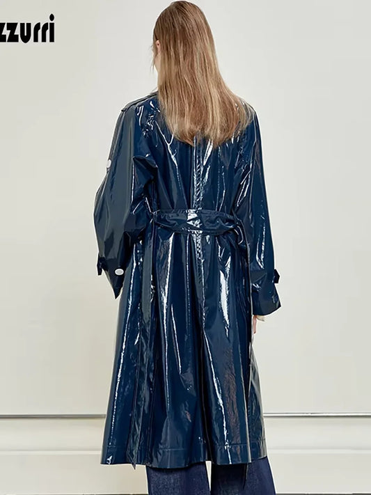 Women's Faux Leather Trench Coat Waterproof