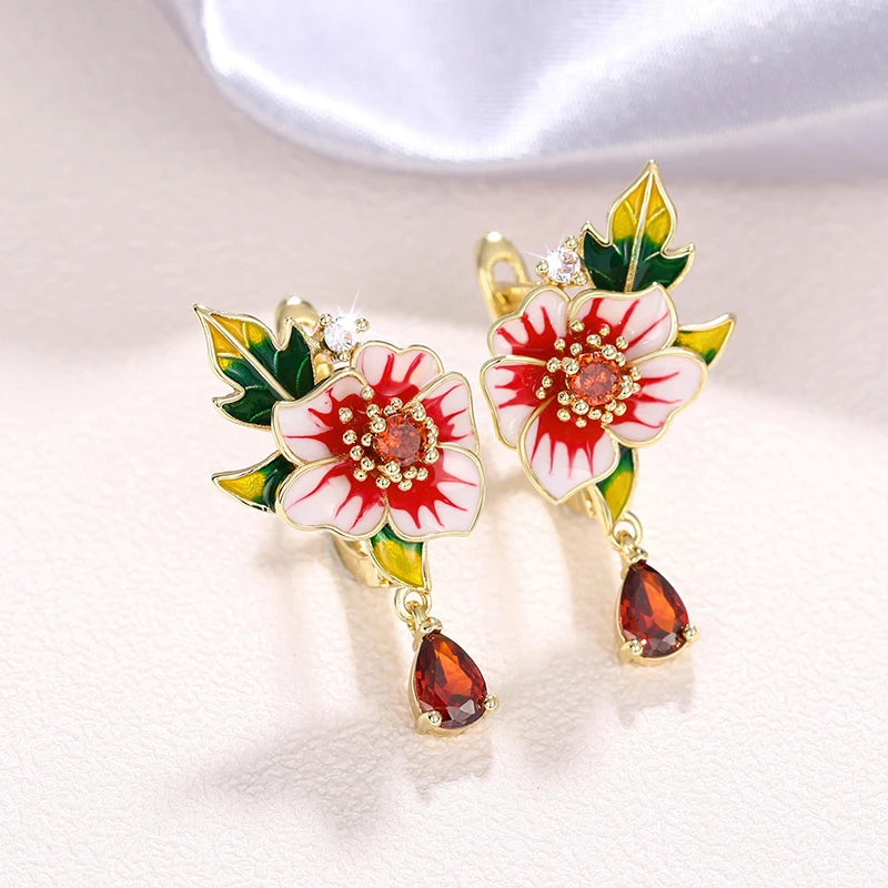 Women's Enamel Flower Drop Earrings Wedding