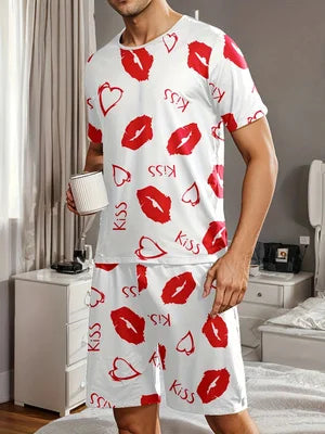 Men's Heart Print Summer Pajama Set