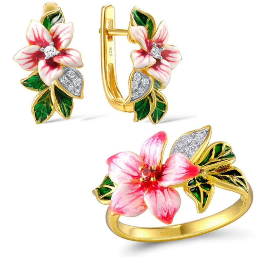 Flower Leaf Ring Earrings Set