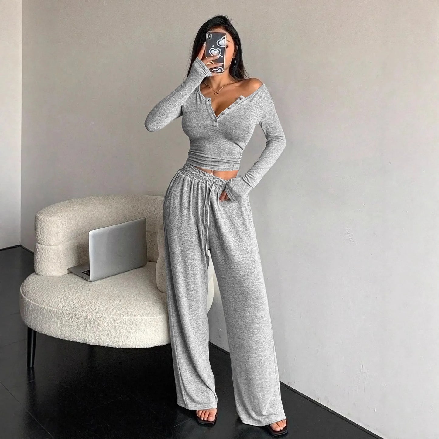 Women's V-Neck Button Drawstring Pajama Set