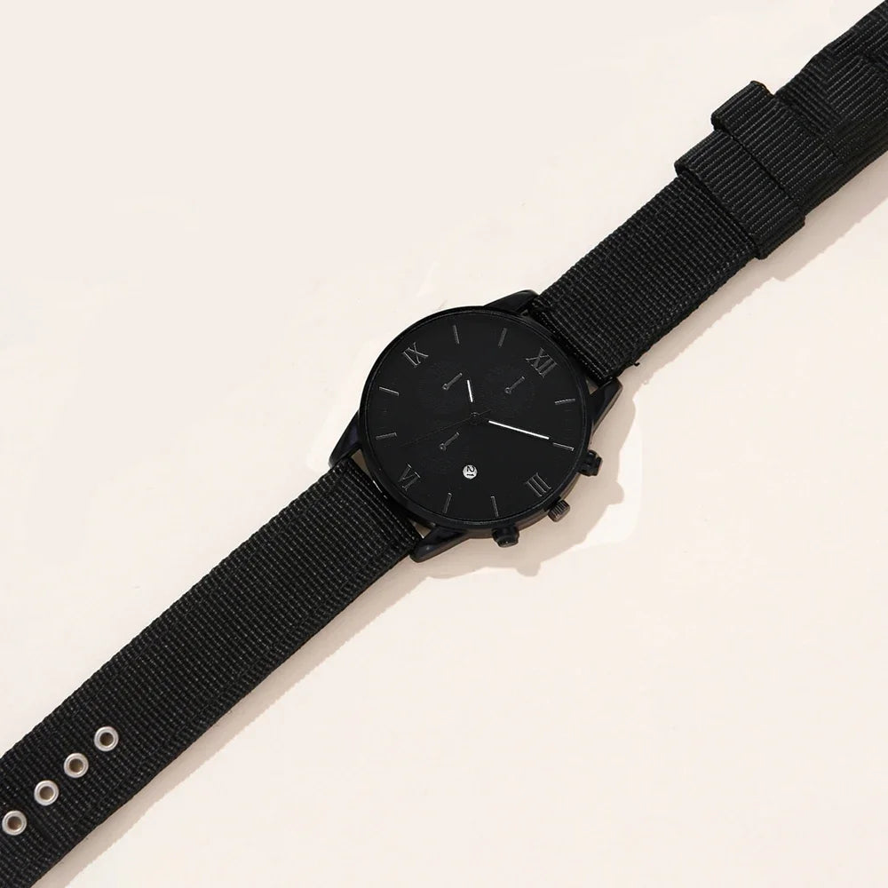 Men's Luxury Black Leather Watch & Bracelet Gift Set