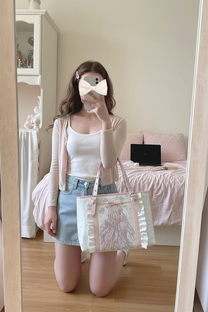Cute Cartoon Pink PU Leather Tote Bag