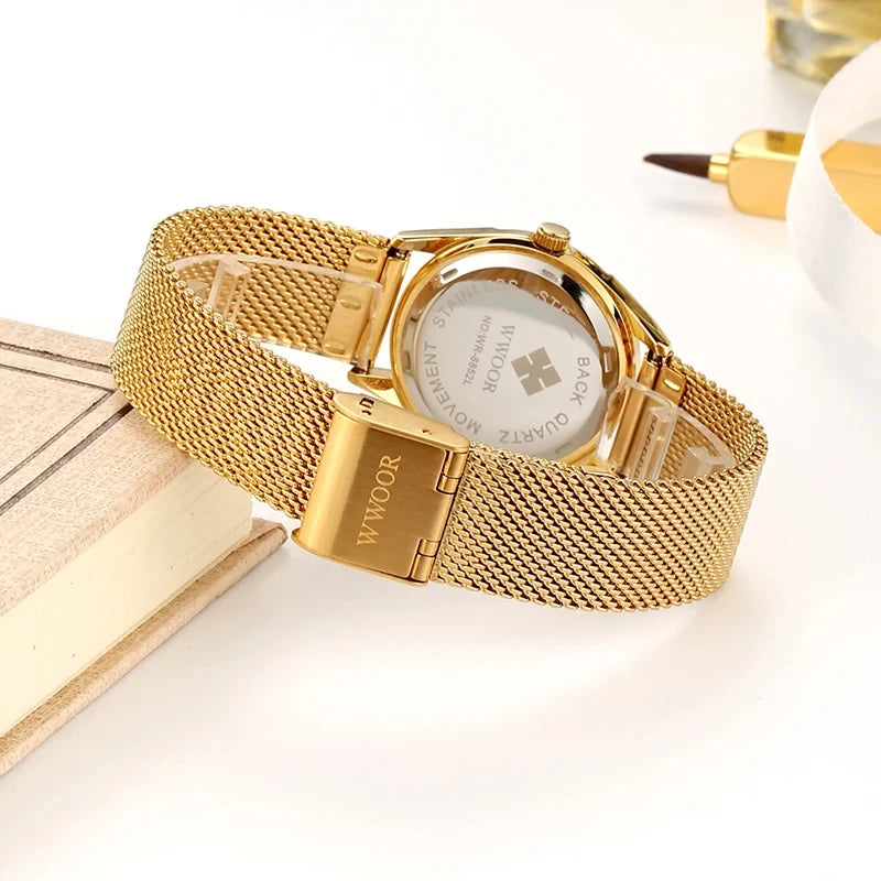 WWOOR Women's Gold Diamond Quartz Watch