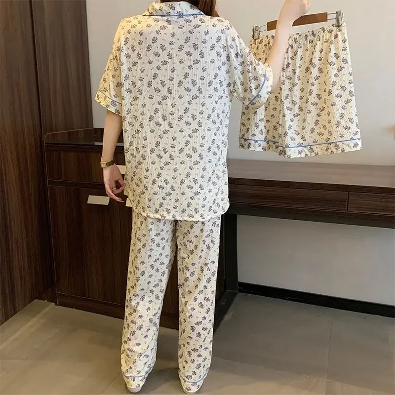 Women's Floral Milk Silk 3-Piece Pajama Set