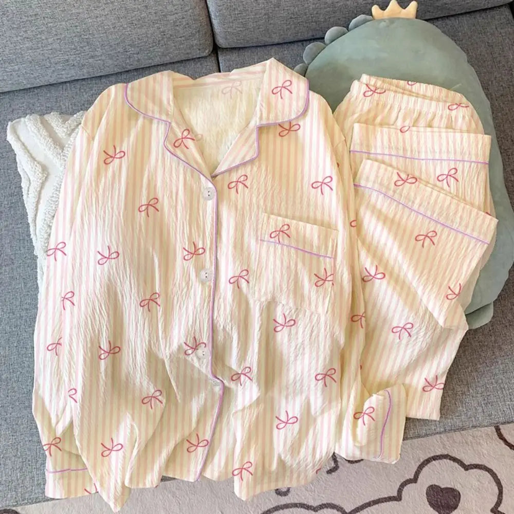 Women's Stripe Bow Korean Pajama Set