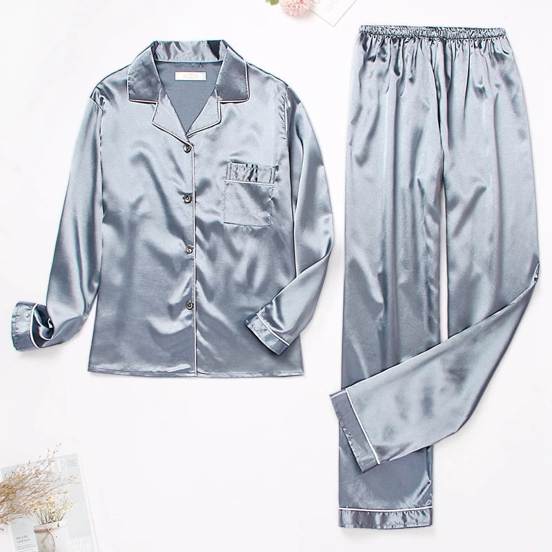 Satin Lapel Button Women Pajama Set