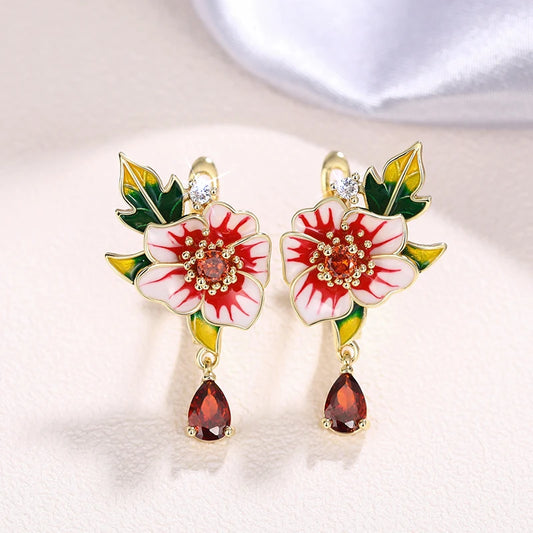 Women's Enamel Flower Drop Earrings Wedding