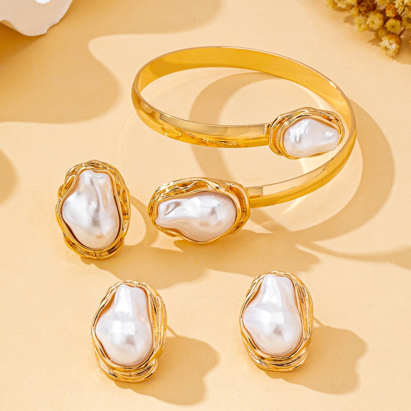 Baroque Bracelet Ring Earring Set