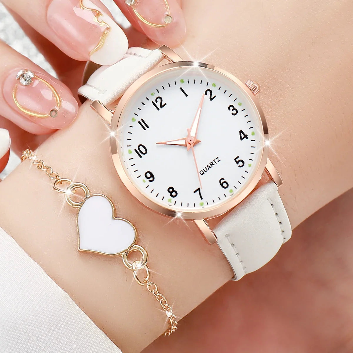 Women's Leather Watch & Heart Bracelet Set (4-6pcs)