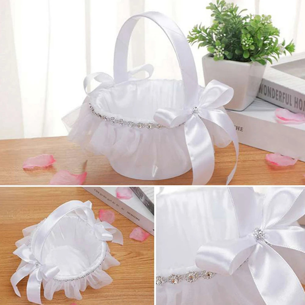 White Flower Girl Basket Lace Wedding Decor