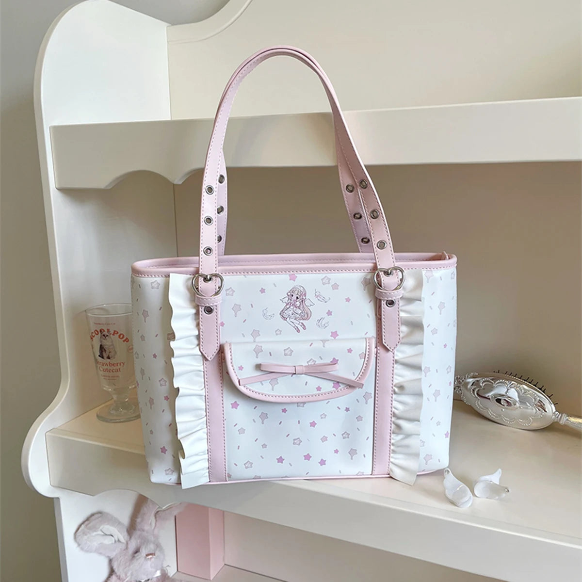 Cute Cartoon Pink PU Leather Tote Bag
