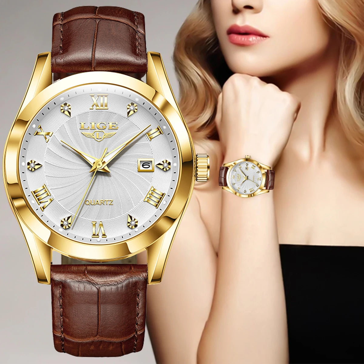 LIGE Leather Quartz Ladies Watch