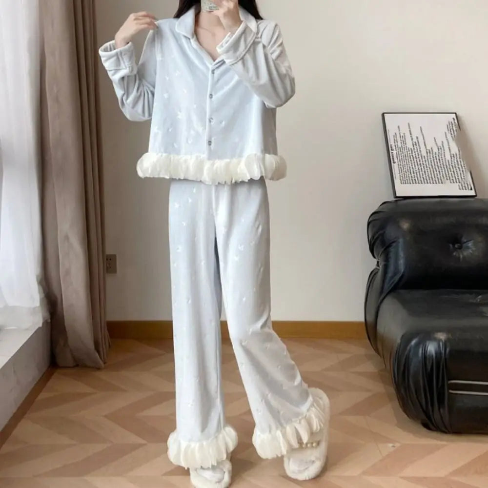 Women's Velvet Bow Long Sleeve Pajama Set