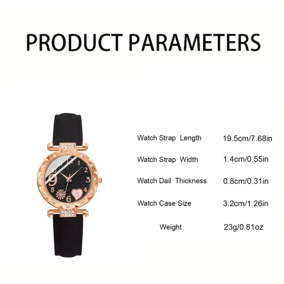 Women's Leather Quartz Watch & Bracelet Set (6pcs)
