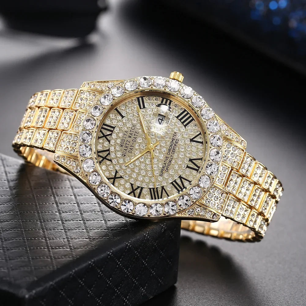 Men's Gold Diamond Rhinestone Quartz Watch