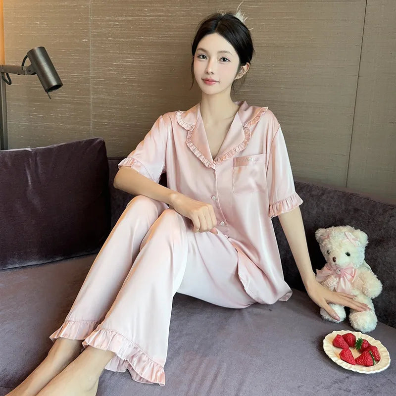 Women's Satin Ruffle Lapel Pajama Set