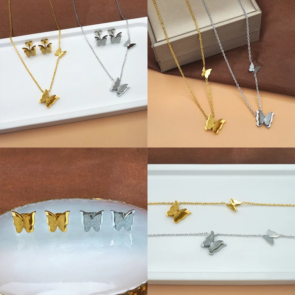 Women's Butterfly Necklace Bracelet Earrings Set