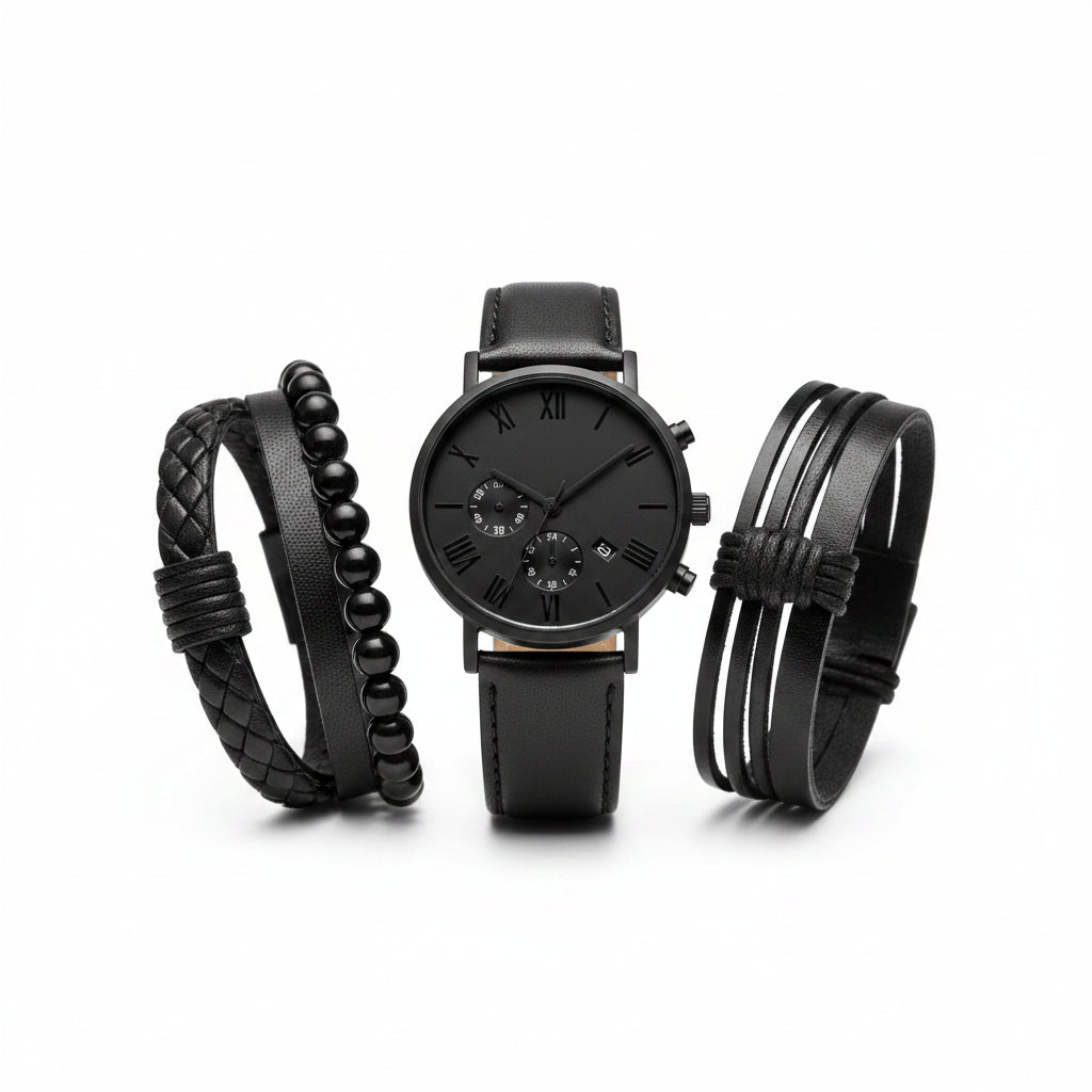 Men's Luxury Black Leather Watch & Bracelet Gift Set